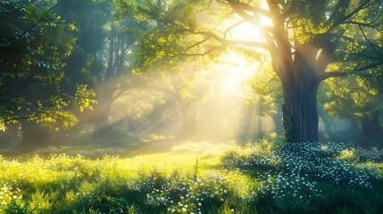 Green forest in summer at sunrise. Panorama of a secluded glade with sun rays shining . - obrazy, fototapety, plakaty