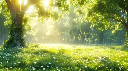  Green forest in summer at sunrise. Panorama of a secluded glade with sun rays shining . © apirom