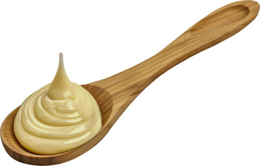 Creamy mayonnaise swirl on wooden spoon cut out on transparent background