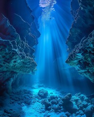 Underwater cave diving, adventure, wide angle, mysterious, underwater , vivid colors