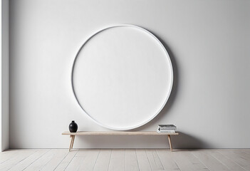 Minimalist product presentation mockup white wall with circular frame - obrazy, fototapety, plakaty