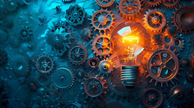 An illustration of a lightbulb surrounded by gears, representing the innovation and ideation process inherent in business development.