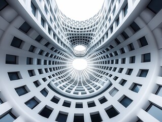 A white and gray building with a spiral design. The building is made up of many small squares - obrazy, fototapety, plakaty