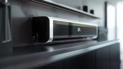 Obraz premium A modern and minimalist black and silver smart air conditioner with remote control and energy-saving modes for personalized comfort