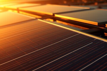 Solar panels on the roof of a house illuminated by the setting sun, renewable energy