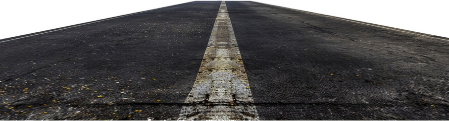 Perspective view of an empty asphalt road with markings cut out on transparent background