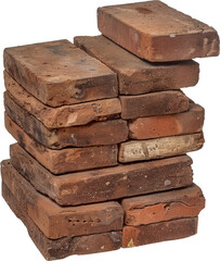 Stack of old red bricks cut out on transparent background