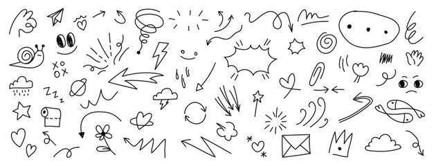 Set of pen line doodle element vector. Hand drawn doodle style collection of heart, arrows, scribble, speech bubble, star, snail, fish. Design for print, cartoon, card, decoration, sticker. - obrazy, fototapety, plakaty