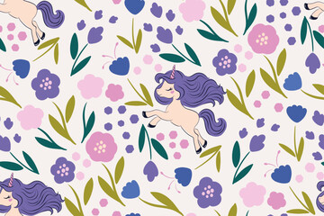 Spring flowers and cute unicorn seamless pattern design, children artwork for fabric prints, wallpapers, t shirts. © StudioLondon