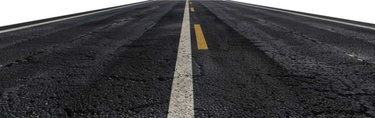 Perspective view of an empty asphalt road with markings cut out on transparent background