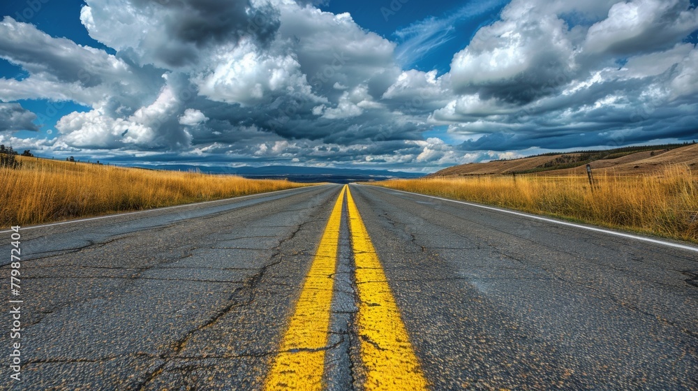 Poster A road with yellow line and clouds in the sky, AI