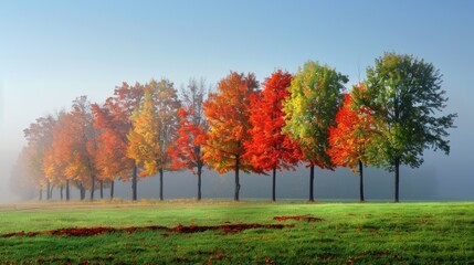 A row of trees with different colored leaves in a field, AI