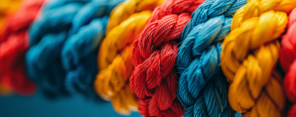 Intertwined rope close up. Team rope diverse strength connect partnership together teamwork unity communicate support. Strong diverse network rope team concept integrate braid color background - obrazy, fototapety, plakaty