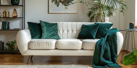 Modern Living Room With White Couch and Green Pillows