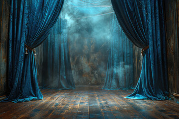 Dark blue velvet curtains on the left and right sides, wooden floor, photography backdrop for photoshoots in the style of various artists. Created with Ai - obrazy, fototapety, plakaty