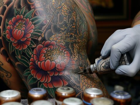 A tattoo artist is working on a person's back, which has a flower design. The artist is using a needle to inject ink into the skin. The flowers are red and blue