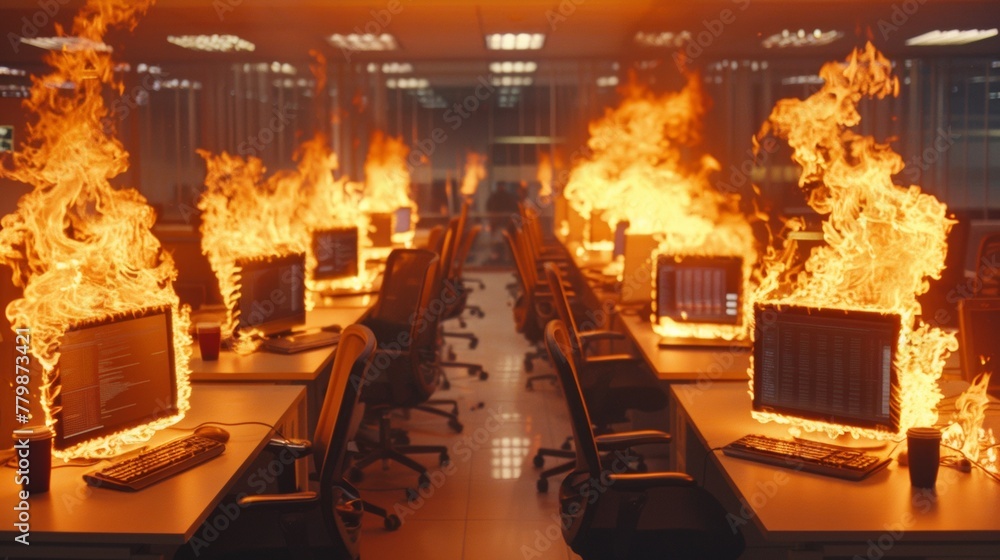 Poster a room with rows of computers on desks that are burning, ai