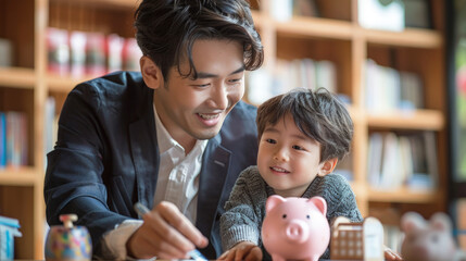 Father teaches child to save money using piggy bank, illustrating financial education. Financial literacy for children.