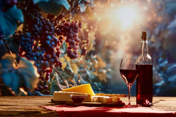 Bottle and glass with red organic wine, cheese and crackers serving as appetizers with grape...