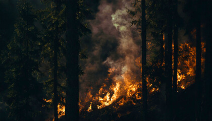 Burning forest. Pine trees on fire. The concept of saving nature and ecology from forest fires. Generative AI.