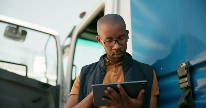 Tablet, logistics and male driver for courier service, delivery or truck for ecommerce. Technology, touchscreen or supply chain business, cargo or distribution man for freight or transportation
