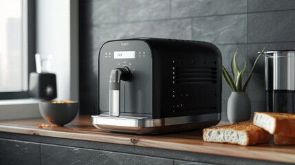 A modern and minimalist black and silver smart toaster with customizable browning settings for perfect toast every time