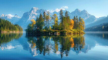 Fototapeta na wymiar A picturesque scene of the Alps with towering mountains, lush green forests, and crystal clear waters reflecting the blue sky. Created with Ai
