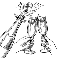 champagne cheers drawing. Hands toasting with wine glasses with drinks. - 779875622