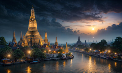 Wat Arun ethereal fantasy concept art of  Wat Arun lighted lookout tower in fantasy style on a hill next to a small river - obrazy, fototapety, plakaty