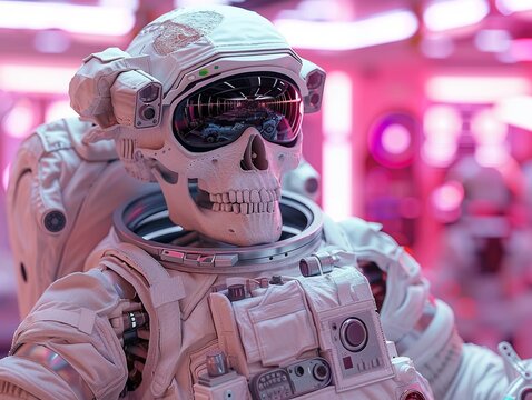 Skeleton in an astronaut suit timetraveling to a hopeful future with hitech wonders