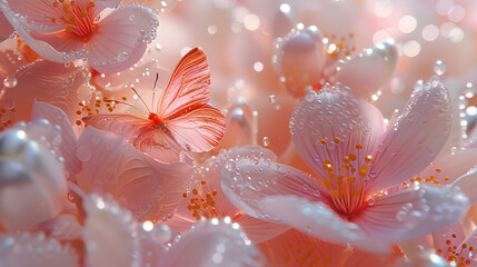 Fototapeta premium A vibrant pink flower hosts a delicate butterfly, illustrating a serene moment of nature's beauty.