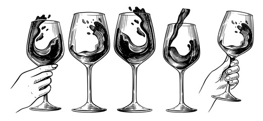 Sketch glass of wine set. Drink hand drawn