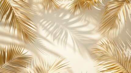 Golden Palm Leaves Shadow Pattern on Beige Background
