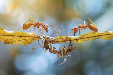 Tiny ants collaboratively constructing a leaf bridge, showcasing teamwork and ingenuity in a watercolor painting style. - obrazy, fototapety, plakaty