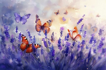 Butterflies swarming over lavender field, nature's beauty and serenity concept, watercolor painting style