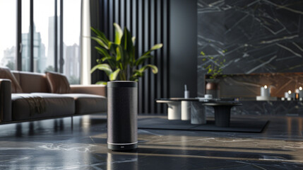 A modern and minimalist black and silver smart air purifier with HEPA filtration and air quality monitoring for clean indoor air