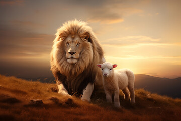 Inspirational Unity: Lion and Lamb Together, Emblematic of Biblical Peace and Harmony Among All Creation. Symbolizing Eucharist, Communion, Trinity, Church, Disciple - obrazy, fototapety, plakaty
