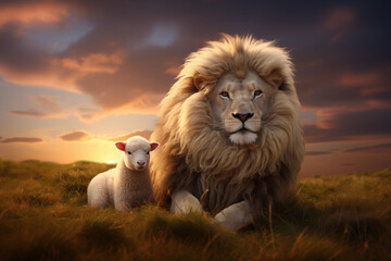 Beyond Predation: Lion and Lamb Commune Harmoniously, Signifying the Healing Power of Divine Promise and Hope. Symbolizing Roar, Suffering, Atonement, Holy, Spirit - obrazy, fototapety, plakaty