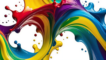 Fototapeta premium Colorful ink splashes form a rainbow-like abstract background. The blend of colorful splashes cascades and trickles, displaying fluid patterns of yellow, red, green, and blue hues. Liquid ink palette 