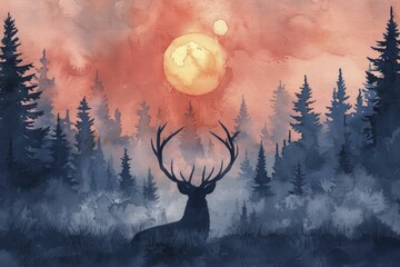 A tranquil deer gracefully wanders through the misty forest at dawn, captured in a serene watercolor painting style. - obrazy, fototapety, plakaty