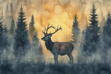 Deer in misty forest at dawn, peacefulness and grace concept, watercolor painting style.