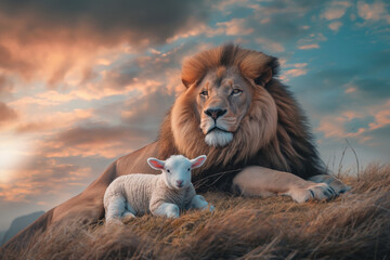 Unity in Faith: Lion and Lamb Embrace in a Scene Resonating with Biblical Promise and Spiritual Oneness. Symbolizing Redemption, Gospel, Revelation, Parable, Flock