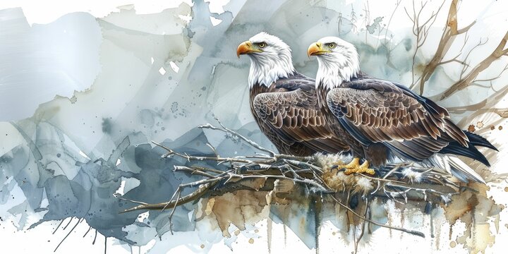 Observing majestic eagles nesting on a cliff, embodying security and vision in a captivating watercolor painting style.