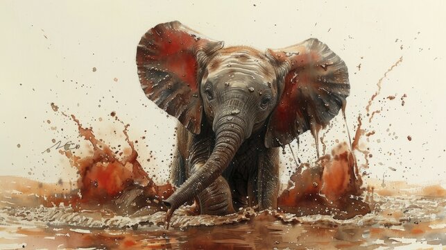 Elephant calf playing in mud, joy and playfulness concept, watercolor painting style.