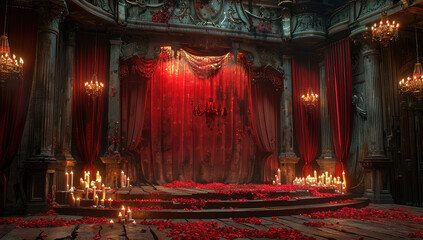 An empty stage with red curtains, surrounded by candles and rose petals on the ground, is set for an elaborate masquerade ball in a dark fantasy style. Created with Ai - obrazy, fototapety, plakaty