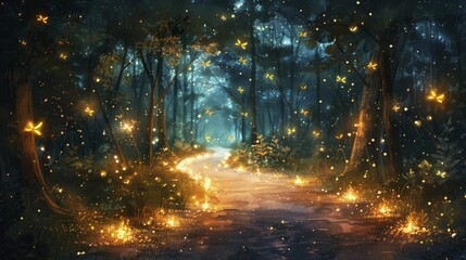 Fireflies lighting up night forest, magic and enchantment concept, watercolor painting style.