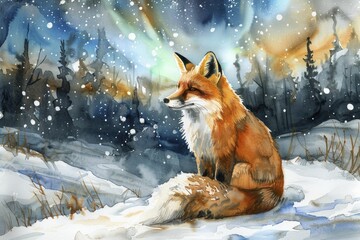 Fototapeta premium Fox in snow with northern lights backdrop, mystery and wilderness concept, watercolor painting style.