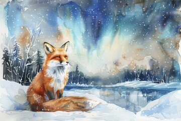Fototapeta premium A lone fox gracefully navigates the snowy landscape under the mesmerizing dance of the northern lights, evoking a sense of mystery and untamed wilderness in a captivating watercolor painting style.
