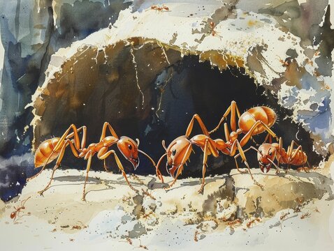 Fire ants constructing mound, collaboration and architecture concept, watercolor painting style.