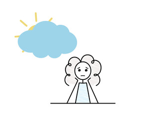 seasonal affective disorder, SAD, sad girl character, cloudy weather affect your mood, black line doodle simple vector illustration, sketch